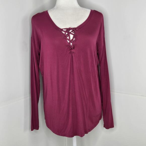 🎄 Victoria Secret PINK EUC Soft long sleeve tie front top XS dark pink Bayberry - Picture 3 of 14